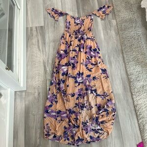 Floral maxi dress with smocked top and off shoulder